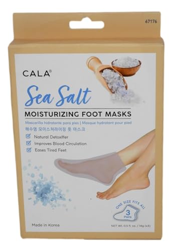 CALA Moisturizing Foot Mask Socks, Sea Salt Essence, Hydrating Spa Booties for Dry, Tired Feet, Nourishing & Calming, No-Rinse Finish, 3 Pairs (10 Min Treatment)
