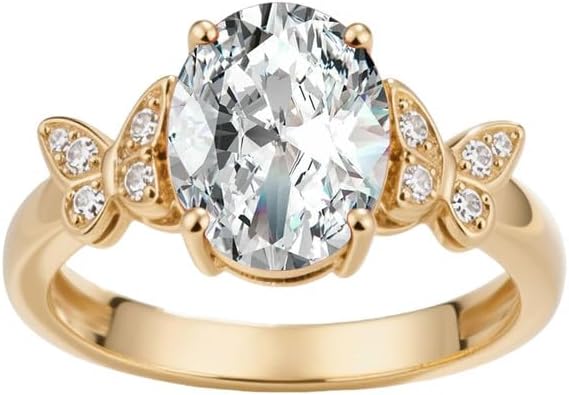 10K 14K 18K Gold Butterfly Gemstone Ring for Women with Moissanites/Diamonds 2 Carat Oval Birthstone Anniversary Statement Rings Size 3-16