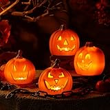 Pinkunn 4 Pcs Light up Mini Jack O Lantern Halloween Pumpkin Lantern 5.25 Inch Pumpkins for Decorating Pumpkin Props with LED Lights for Desk Table Decor Garden Indoor Outdoor Decorations (Scary Face)