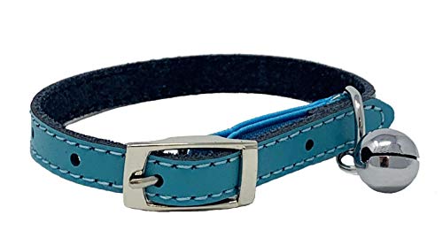 Collier pour chat en cuir véritable avec élastique de sécurité, clochette, disponible (bleu)