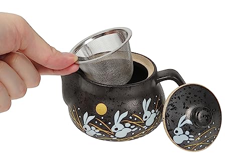 10oz bunny kyusu Rabbit Kutani Yaki(ware) Japanese Teapot with Removable Infuser, Handle Mug Stovetop Safe Tea Kettle, Blooming and Loose Leaf Tea Maker Set(Ceramic, Rabbit Black)