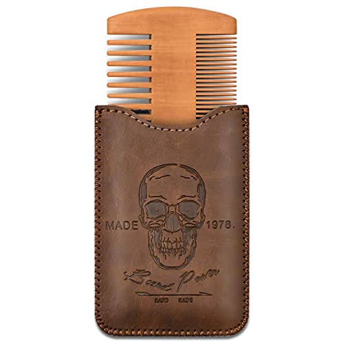 Beard Power Wooden Beard Comb & Durable Case For Men With Sexy Beard, Fine & Coarse Teeth, Pocket Comb For Beards & Mustaches,Brown Skull Design #TOP2