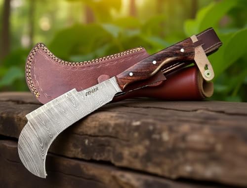 Hand Forged Damascus Steel Billhook Machete Knife – Heavy Duty Sickle Garden Tool for Cutting Trees, Yard Work, Weeding, and Camping – Survival Machete with Leather Sheath and Belt Loop - Thumbnail 2