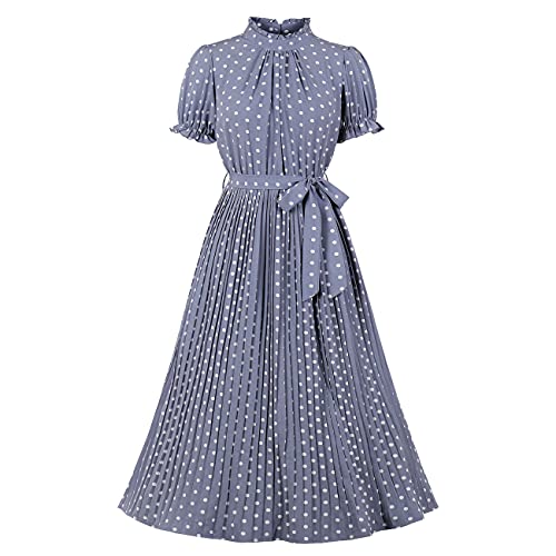 Wellwits Damen Polka Dots Plissee Midi Vintage Cocktail Formelles Kleid, grau/blau, XXL