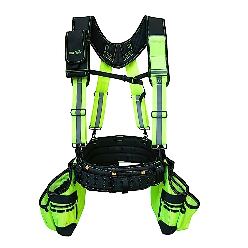 Image of MELOTOUGH Reflective Safety Tool Belt with Suspenders Hi Vis Tool Bag Suspenders Tool Belt Construction Heavy Duty Work Suspension Rig (Hi Viz Lime)