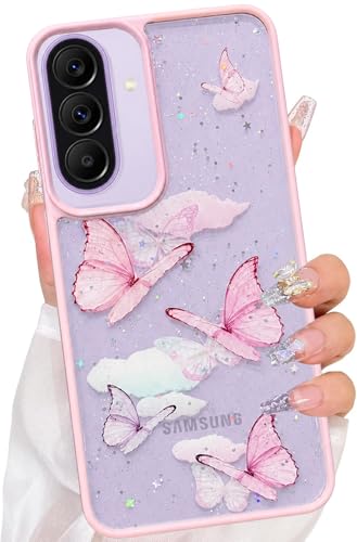 Image of VONZEE for Samsung Galaxy A57 Clear Glitter Butterfly Case, Cute Bling Sparkle Shiny Soft Silicone TPU Bumper Shockproof Women Girls Slim Protective Phone Cover for Samsung Galaxy A57, Pink