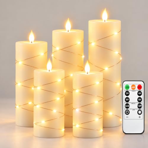 Da by 5 Stück Elfenbein Paraffin LED Kerzen mit Feenlichtkette, Realistische Flackerflamme, Batteriebetriebene Kerzen mit Fernbedienung… – Ansicht 1