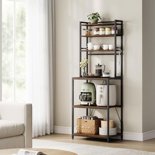 Miniatura 4 de Woltu Estantes De Cocina De 6 Niveles, Estanteria Almacenaje Con 6 Ganchos, Organizador Cocina, Mueble Para Microondas, Metal Madera, 60x40x167 Cm, Marrón Rústico Negro