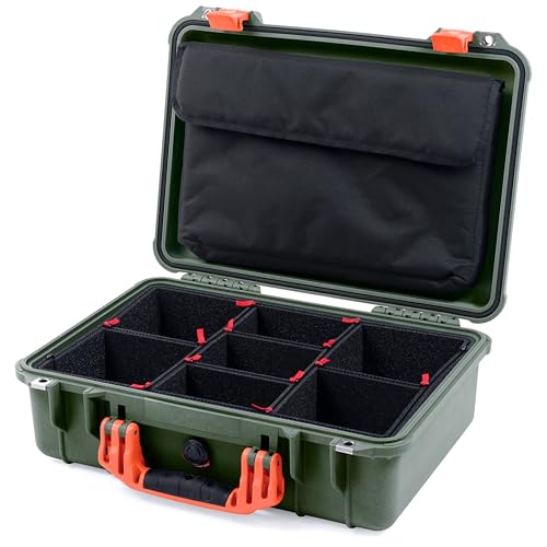 ColorCase Pelican 1500 Case OD Green - Medium Size Waterproof Case with TrekPak Divider & Computer Lid Organizer - Orange Handles & Latches