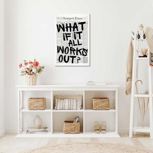 Image of Drimiler Retro Black And White Newspaper Poster What If It All Works Out Canvas Wall Art Positive Affirming Quote Minimalist Prints Painting For Home Bedroom Dorm Wall Decor 16x24in Wframed