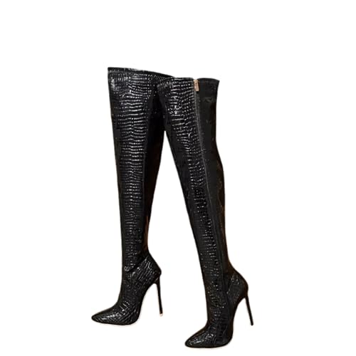 Botas de tacón de Aguja con Cremallera Lateral por Encima de la Rodilla, Punta Puntiaguda, Charol, Empalme Brillante, Tacones Altos Finos Plisados, versátiles, cómodas,Negro,40 EU