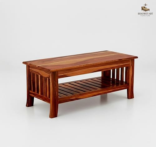 Image of Solid Sheesham Wood Coffee Table for Living Room | Wooden Rectangle Coffee /Tea Table with Storage |Center Table with Storage Teapoye for Home, Living Room, Balcony (Honey Finish)