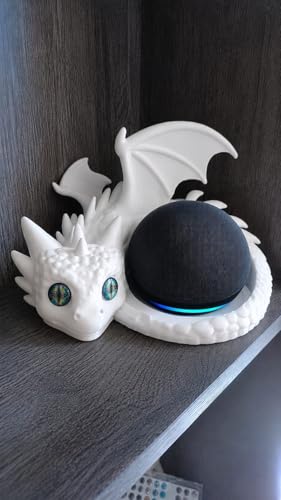 Suporte Dragão para Alexa Echo Dot PLA 3D | Com Olhos Surpresa (BRANCO)