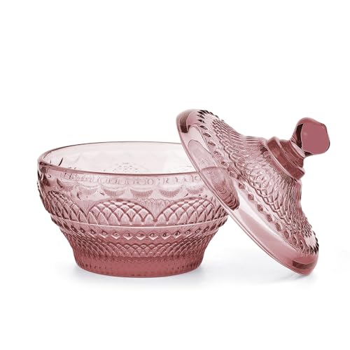 Sungmor Vintage Embossed Glass Candy Storage Jars w/Lid, Small Decorative Colorful Candy Dishes Purple Cookie Container, Pretty Covered Bowls for Chocolate Dessert Icecream Buffet