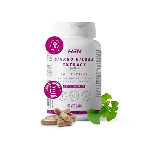 HSN Extracto de Ginkgo Biloba 120mg (Equivalente a 6000mg) - Ratio 50:1 con 24% Flavonas y 6% Terpenos | 120 Cápsulas Veganas | Memoria Concentración Rendimiento Intelectual - Con Zinc y Vitamina B5