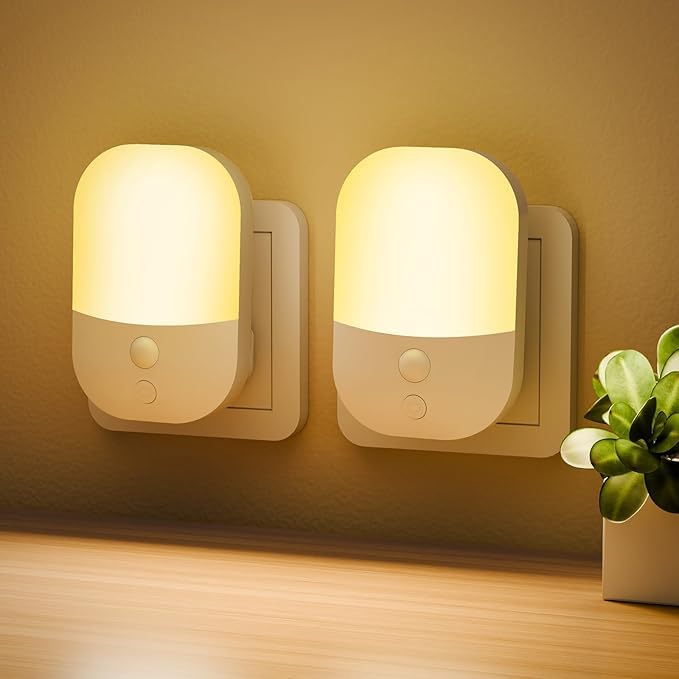 2 Pack Plug in Night Light with Dusk to Dawn Photocell Sensor, 5 Adjustable Brightness Levels,3000K Warm White LED Night Light for Baby, Hallways, Stairs, Bedrooms, Kitchens,