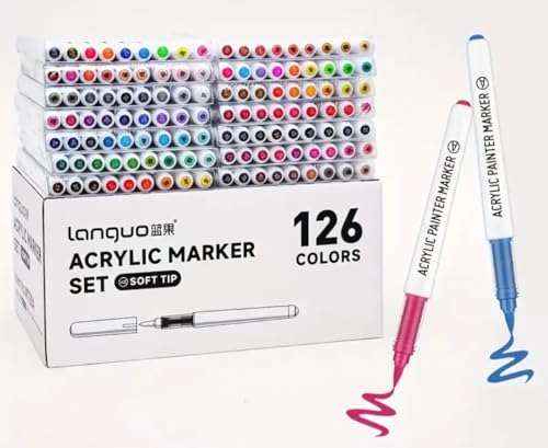 languo 126 Feutres Acryliques, 14 série de couleurs. Marqueurs de peinture acrylique à pointe pinceau souple. Acrylic Paint Marker à Base d'eau pour tissu, bois, pierre, toile, verre, roche, loisirs