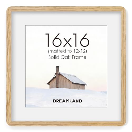 16x16 Picture Frame, Solid Oak Wood Photo Frame with Mat for 12x12, Round Corner 16 x 16 Matted Picture Frames with Resistant Plexiglass for Wall Mounting or Tabletop, Oak Color, Set of 1