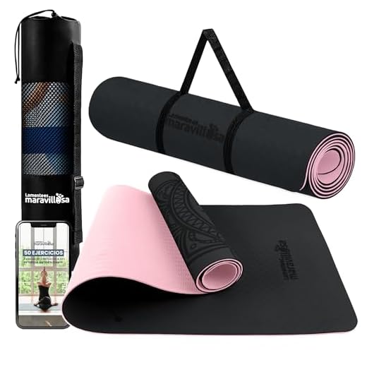 LA MENTE ES MARAVILLOSA - Esterilla de Yoga, Pilates y Fitness【E-Book, Bolsa y Correa de Hombro】Colchoneta Antideslizante TPE para Deportes, Gimnasio en Casa | 183x61 cm (Mandala, Negro/Rosa)