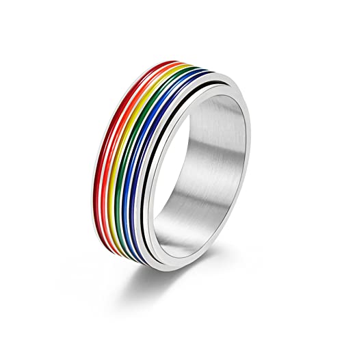 Yifnny Regenbogen Pride Ring, Edelstahl Bunter Spinner Ring Emaille Regenbogen LGBT Stolz Ring für Lesben und Schwule Verlobungsringe Gay Ring für Männer Frauen (Silber, 7)
