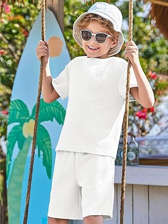 Haloumoning Conjunto de ropa para niño de verano, color sólido, manga corta, camiseta con pantalones cortos elásticos, ropa informal conjuntos con estructura — view 6