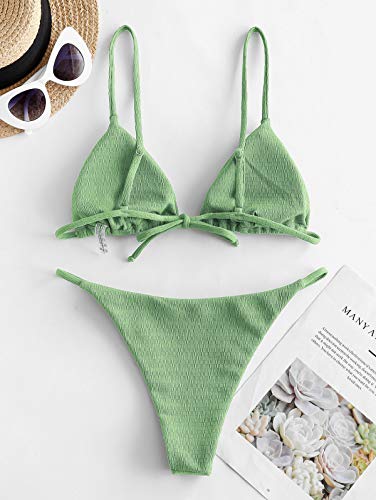 ZAFUL Womens Ruched Bandeau Bikini Set High Cut Swimwear Lace up Padded Swimsuits 2 Pieces Bathing Suit