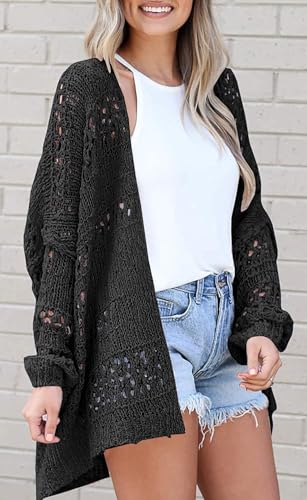 Womens Casual Crochet Cardigan Lightweight Long Sleeve Solid Color Loose Fit Fall Open Front Trendy Outwear Sweaters Top2