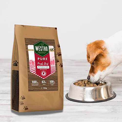 WESTHO Trockenfutter Pure Rind & Kartoffel 12 kg | 63% Rind in Lebensmittelqualität | Getreidefrei | Bei Unverträglichkeiten & Allergien | Hundefutter für ausgewachsene Hunde jeglicher Rasse
