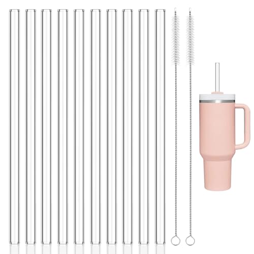 Realjoy 10Pcs Reusable Glass Straws, Replacement Straw for Stanley Cup 30/40oz, 30cm Long Glass Straw with 2 Cleaning Brushes, Clear Straw for Stanley 30/40oz Adventure Tumbler(10 Straight)
