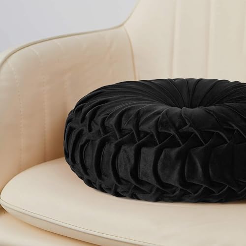 Image of HIG Set of 2 Decorative Round Pleated Throw Pillows, Classy Accent Pumpkin Throw Pillows with Center Button, Vintage Velvet Floor Pillows for Sofa Vanity Chair Bed, Black, 14.5 inch Diameter(Ripple)