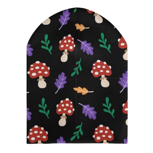 Cute Mushrooms and Leaves Pattern Kids Beanie Hat for for Girls Boys Children Cap Winter Knitted Chemo Cancer Headwear Accessories Gifts Decoration Black3