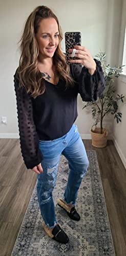 Goory Swiss Dot Tops For Women Lantern Sleeve V Neck Chiffon Blouses Casual Work Shirts, Black L #TOP1