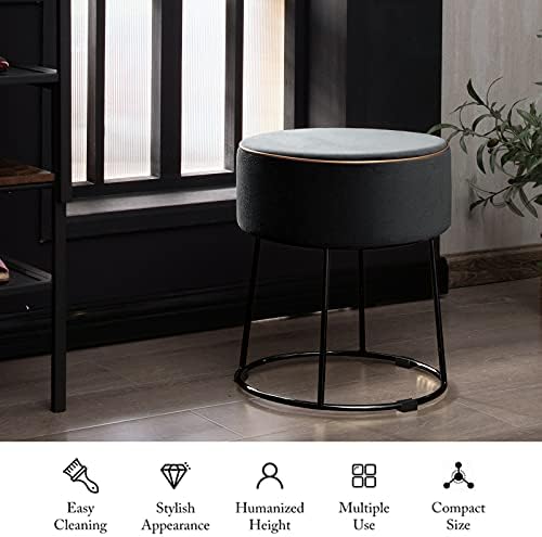 CASART Rounded Footstool, Metal Legs Dressing Table Stool with Anti-Slip Foot Pads, Vanity Table Ottoman Pouffe for Living Room, Bedroom (Dark Grey, 35 x 35 x 41cm)