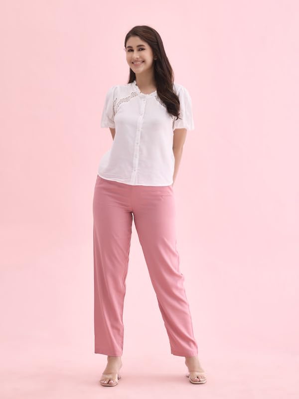 Image of GO COLORS Women Solid Mid Rise Relaxed Fit Viscose Casual Pants