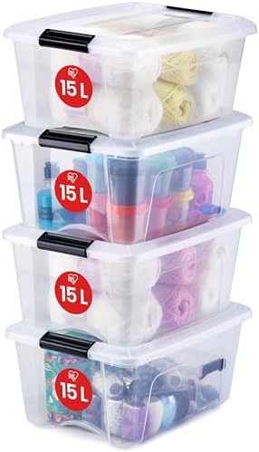 Iris Ohyama, Aufbewahrungsboxen mit Deckel, Kunststoffboxen, Plastikbox, Box mit Deckel, 15L, 4er-Set, Transparent, Verschlussclips, Stapelbar, Organisation, BPA-frei, Plastikboxen