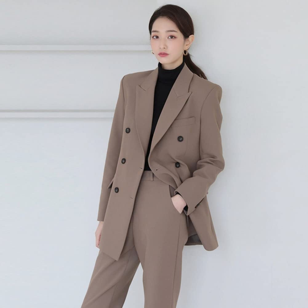 Completo Tailleur da Donna, 2 Pezzi da Tuta Elegante Blazer Doppiopetto Colletto Sartoriale + Pantaloni a Gamba Dritta Completo Set, per Ufficio E Lavoro
