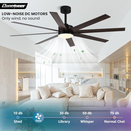 Image of Conciseer 72 Inch Ceiling Fans with Lights, Remote Control, Dual-Color 8 Blades, 24W 3CCT,6-Speed Reversible Quiet DC Motor - Black and Wood Grain for, Living Room, Kitchen Brown