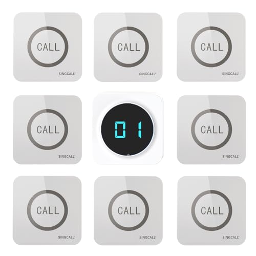 SINGCALL Restaurant Pager System Waiter Calling System Pagers and Beepers for Kitchen,Fast Food,Hotel,Restaurants,Cafe,Bar to Call Waiters 8 Waterproof Wireless Call Buttons 1 Number Display Receiver