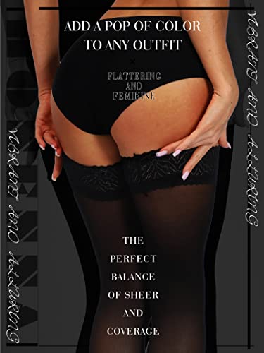 Honenna Semi Sheer Stay Up Lingerie Thigh High Stockings Lace Top Size A-F, 1 Pair Black, E/F #TOP2