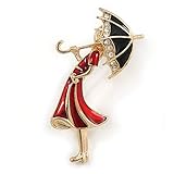Einzigartiges Design: Damen. Avalaya Brosche für Damen, rot/schwarz, Emaille, Kristall, Regenschirm, goldfarben, 50 mm hoch
