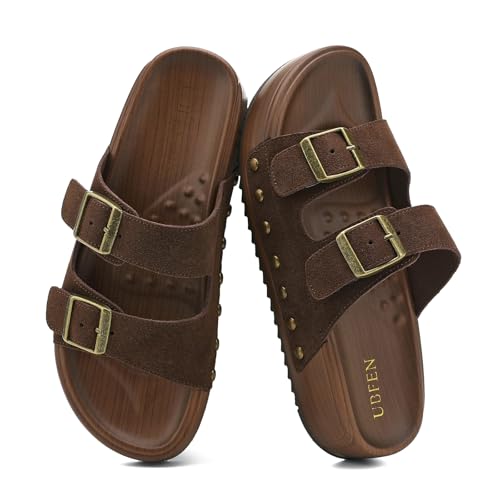 Image of UBFEN Womens Platform Slide Sandals | Real Leather,Buckle Sandals with Cushioned Flatform Footbed,Comfortable for Walking,Arch Support,Casual Styling