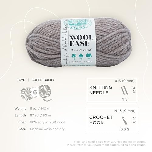 Image of Lion Brand Yarn Wool-Ease Thick & Quick Yarn, Soft and Bulky Yarn for Knitting, Crocheting, and Crafting, 3 Pack, Driftwood | Super Bulky Wool Acrylic Blend Fiber for Soft Hats, Sweaters, Chunky Blankets, Yarn for Crochet, Knitting, Crafts, Weaving