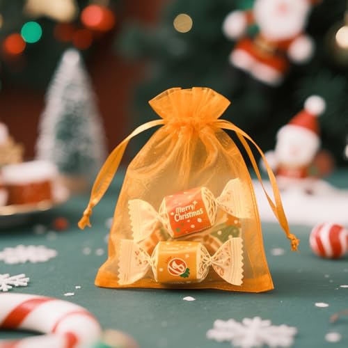Image of joycraft 50Pcs Orange Organza Bags - 2.7x3.5 Inch Drawstring Halloween Pouch with Mesh, Small Organza Gift Pouch for Thanksgiving, Wedding Favors, Jewelry Display, Candy Bags