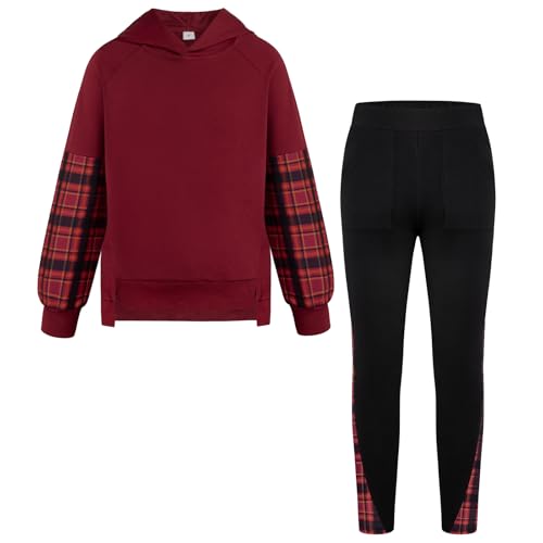Seanrui Tween Girl Clothing Christmas Outfits for Girls Fashion Sweatsuits Red Plaid Winter Matching Set