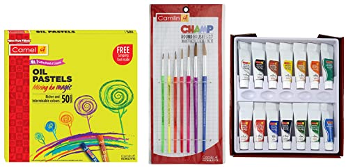Image of Camel Oil Pastel (50 Shades) & Camlin Kokuyo Artist 40ml Acrylic Color Shade - 12 Shades & Camlin Champ Round Brush Set - Pack of 7