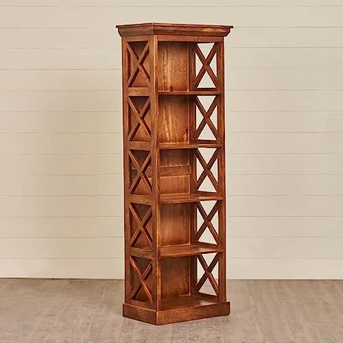 Image of Moracco Solid Wood Bookshelf - 5 Shelf Designer Floor Standing Bookcase with Mango Wood and Honey Finish for Home and Office Library Ideal for Home Decor
