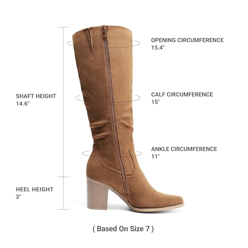 DREAM PAIRS Women's Knee-High Boots, Comfortable Chunky Block Heel Pointed Toe Pull On Side Zipper Suede Slouch Riding Boots,Size 7.5,Camel,SDKB2308W