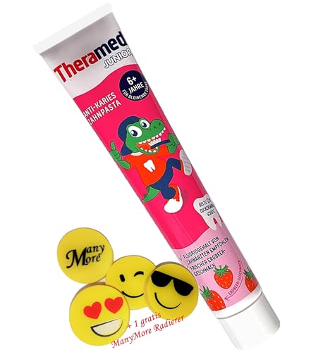Thera_med Junior Erdbeere Kinder-Zahnpasta 75 ml ֍ ab 6 Jahren ► OHNE Minze & Menthol ◄ Junior Zahncreme Erdbeer-Geschmack + 1 Gratis Radierer von ManyMore*