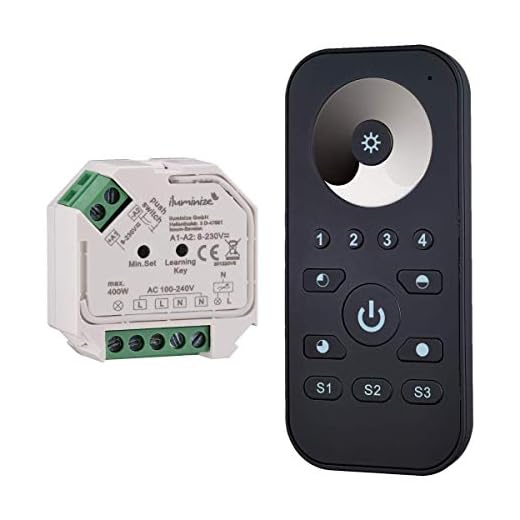 iluminize Funk Set Dimm-Aktor 200W / 400W Phasenabschnitt + Fernbedienung Mini für weiße LEDs, Mindestlast nur 5W, WICHTIG: nicht Zigbee 3.0 kompatibel (Dimm-Set)