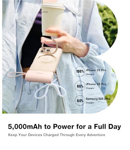 Image of TORRAS 2-in-1 iPhone 16 Portable Charger, 5,000mAh 22.5W Mini Power Bank with Built-in USB-C Cable, Fast Charge Battery Pack, Travel Essential for iPhone 17 /16 /15, Galaxy S25, Google - Desert Titanium